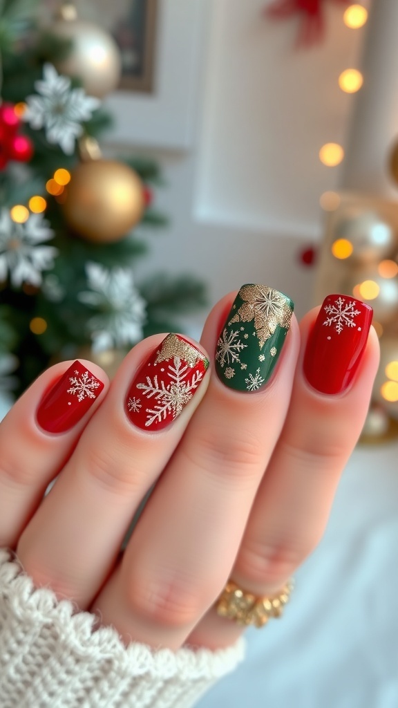 Elegant Christmas nail art in red and green with snowflakes and glitter.